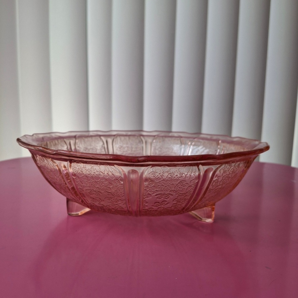 Jeanette Glass Pink Cherry Blossom Depression Glass Footed Scalloped Bowl